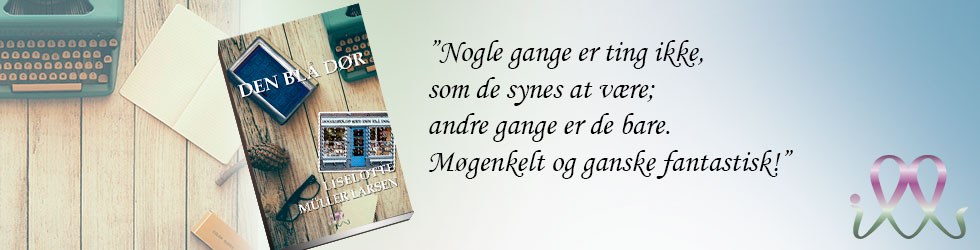 Banner med omslaget til Den blå dør og et uddrag om, at ting ikke altid er, som de synes at være