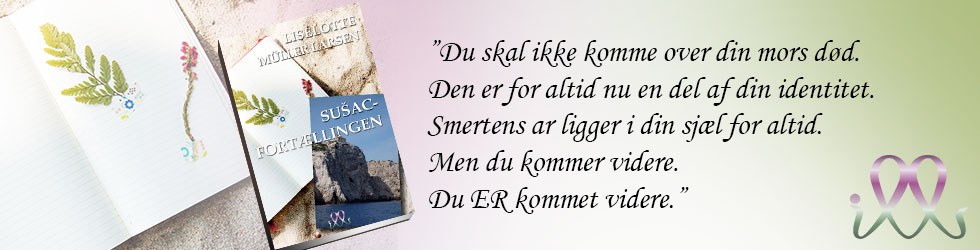Banner med omslaget til Sušac-fortællingen og et uddrag om at komme videre efter sin mors død