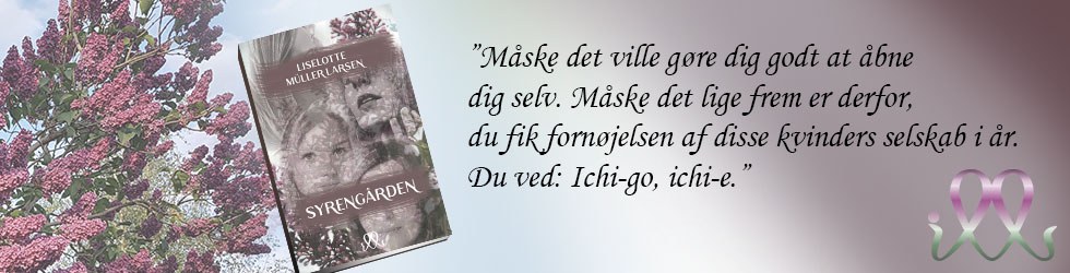Banner med omslaget til Syrengården, syrener og et uddrag om at åbne sig selv og kvinders selskab