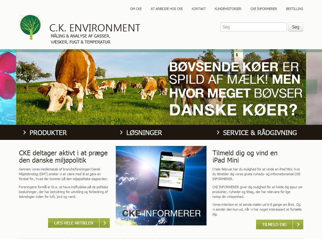 Skærmbillede af CKE's nye website med et stort banner med køer på en mark, tre hovedmenuer og to artikler om medlemskab og et nyhedsbrev
