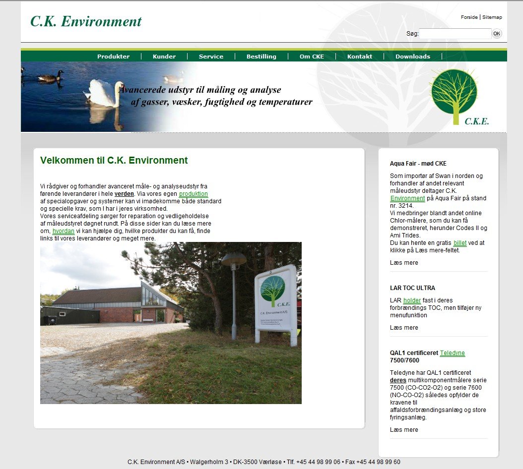 Skærmbillede af CKE's gamle website med grøn menu, en svane i bannerbilledet og en lang velkomsttekst