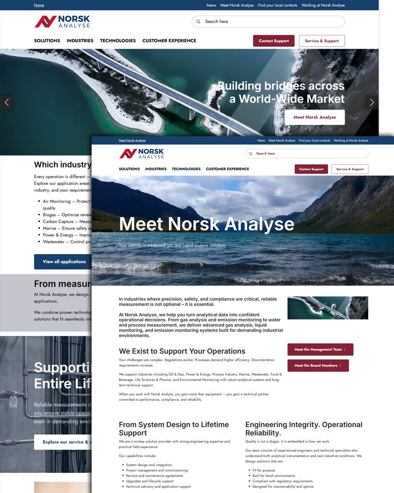 Skærmbillede af udkastet til Norsk Analyses nye website med et stort banner af en bro og en side, der præsenterer virksomheden