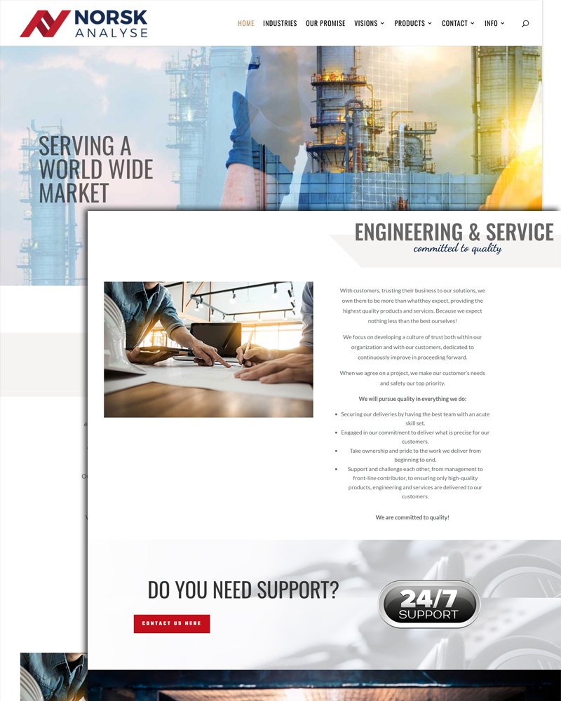 Skærmbillede af Norsk Analyses nuværende website med en forside om en global markedsplads og en side om engineering og service