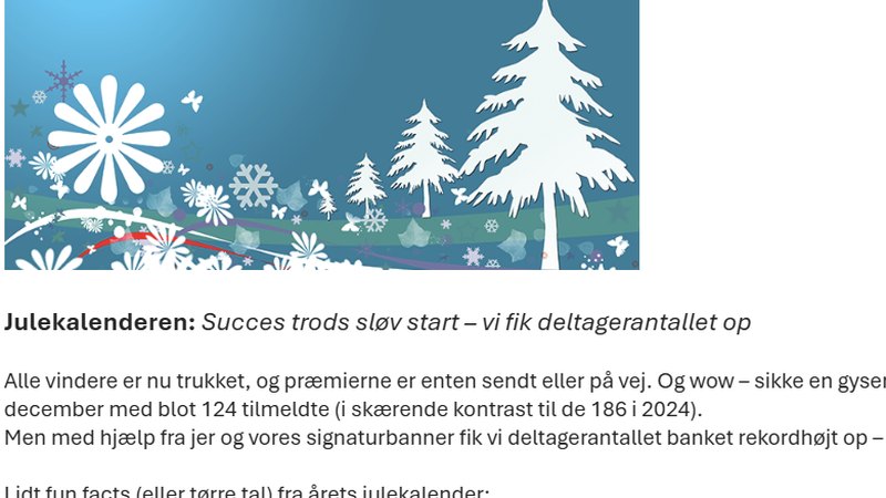 Vinterbanner fra et internt nyhedsbrev om julekalenderens resultater