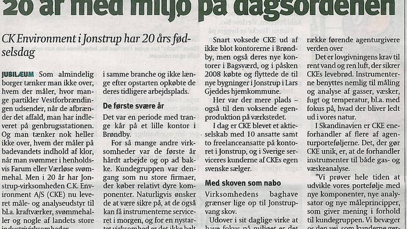 Overskriften 20 år med miljø på dagsordenen og begyndelsen af artiklen